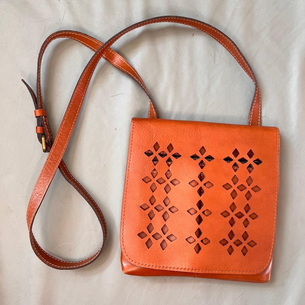 Patricia Nash Laser Cut Leather Crossbody Bag – Cognac Brown Boho